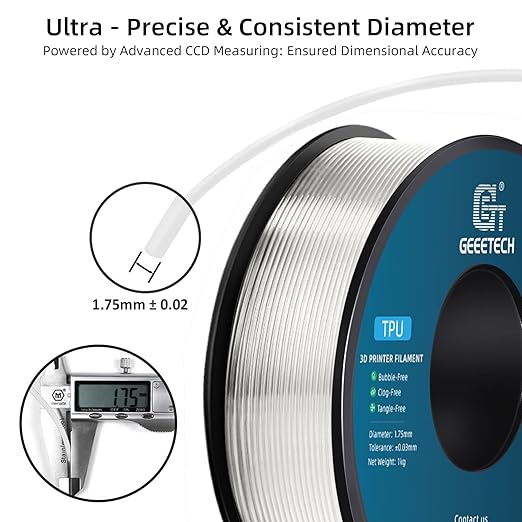 Geeetech TPU Filament 1.75mm, Shore 95A Flexible 3D Printer Filament with High Elasticity, 1KG (2.2lbs) Spool, Dimensional Accuracy 짹0.03mm, Fits Most FDM Printers (Clear/Transparent)