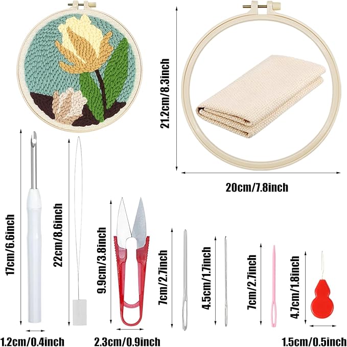 Woohome Punch Needle Kit Included Plastic Hoops, Punch Needle Cloth, Color Yarn and Punch Needle Tools for Adults, Beginners (Red, Pink and Yellow Flowers)