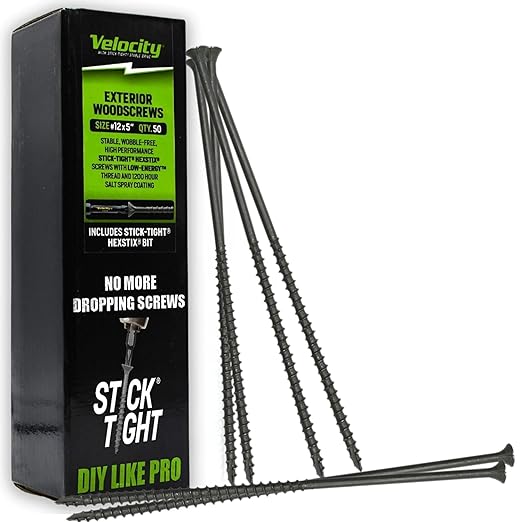 VVelocity Long Length Exterior 5 Inch Wood Screws - T25 Torx Bits (Size #12) ??Rust Resistant Long Wood Screw Set with Stick Tight Hexstix Driver Bit (50 Count)