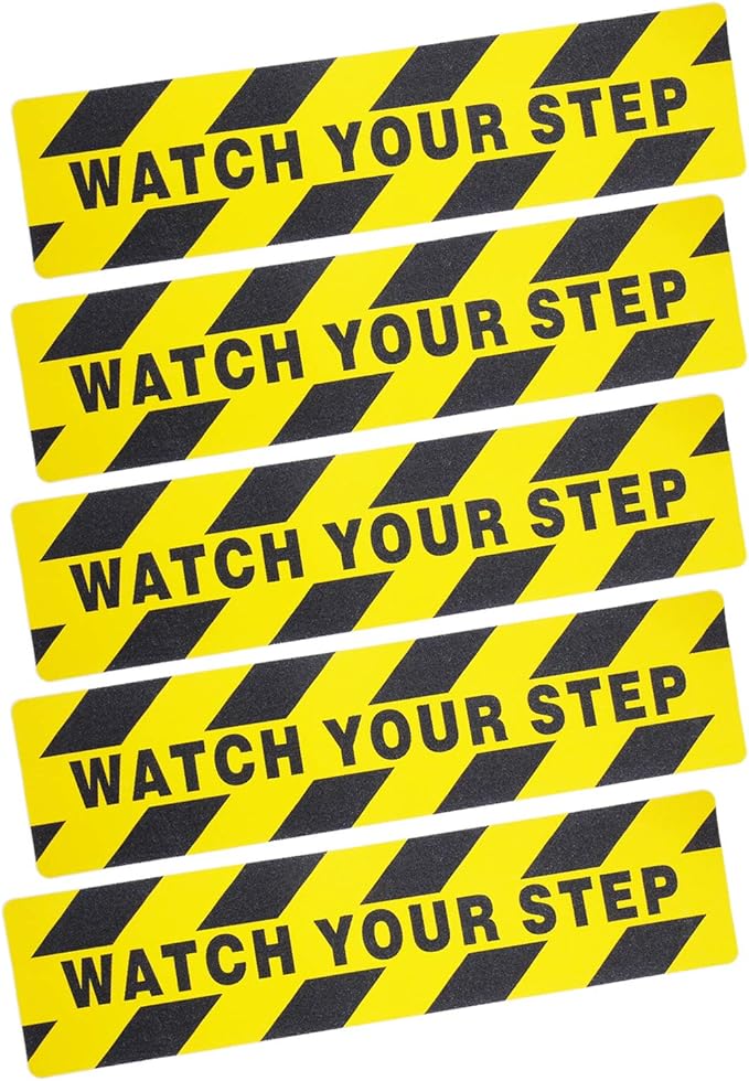 5 Pieces Watch Your Step Warning Sticker Adhesive Tape Anti Slip Abrasive Tape for Workplace Safety Wet Floor Caution, 6 by 24 Inches (Black and Yellow)