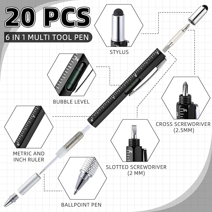 20 Sets Employee Appreciation Gifts for Adult Men Multi Tool Pen with Motivational Quote Boxes Stocking Stuffers Bulk for Father's Christmas White Elephant Gifts (Black)