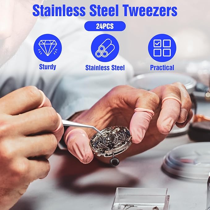 24Pcs Stainless Steel Tweezers with Curved Serrated Tip, 6Inch Long Tweezer for Crafting, Non-Slip Sewing Machine Tweezers High Precision Multipurpose Tweezer for Craft Sewing (Silver)