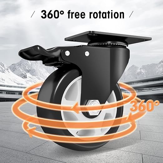 Casters, 4" Caster Wheels竊똂asters Set of 8 Heavy Duty - ASRINIEY Black Polyurethane Castors, Top Plate Swivel Wheels, 8-Pack Industrial Casters with Brake, Locking Casters for Furniture and Workbench