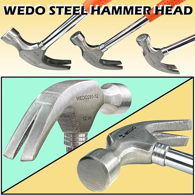 WEDO 2PCS Claw Hammer Set 8oz +16oz,Steel Framing Hammer with Tubular Steel Handle,Straight Claw Hammer for Household Maintenance,Gardening,Yard Work,Repairing
