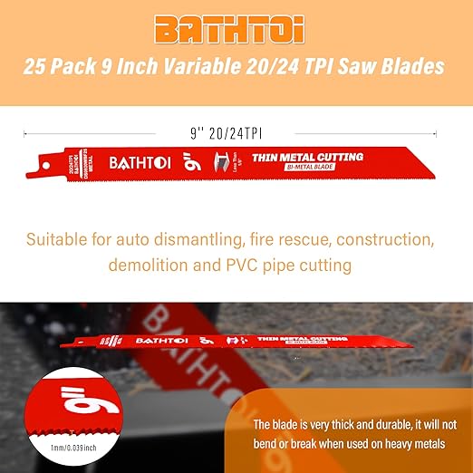 25 Pack 9 Inch 20/24 Tpi Reciprocating Saw Blades for Thin Metal and Extreme Metal Cutting, Bi-Metal Sawzall Blades with 8% Cobalt for Longer Life and Faster Cutting Speed