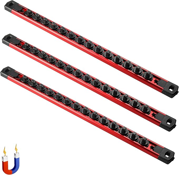 ALOANES 3-Piece Magnetic Socket Organizer, Heavy Duty Aluminum Socket Rails Organizer, 360째 Swivel Clips Socket Rail Set For Sockets Storage, 1/4-Inch Socket Holder x 42 Clips (Red)