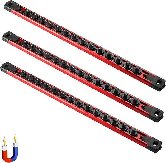 ALOANES 3-Piece Magnetic Socket Organizer, Heavy Duty Aluminum Socket Rails Organizer, 360째 Swivel Clips Socket Rail Set For Sockets Storage, 1/4-Inch Socket Holder x 42 Clips (Red)