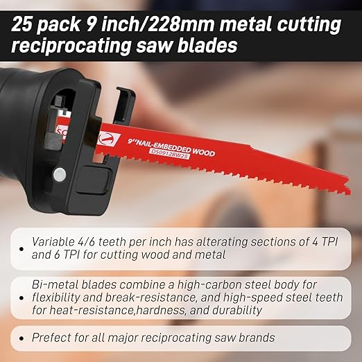 25 Pack 9 Inch 4/6 Tpi Reciprocating Saw Blades Bi-Metal Steel Demon with Perma-Shield Coating Stud and Reciprocating Saw Blades for Cutting Embedded Wood Metals PVC Pallets etc.