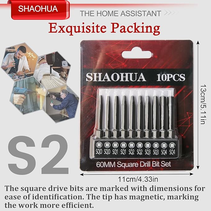 10PCS Square Drive Bits Set, 2.3" Long With 1/4 Inch Magnetic Bit Driver, S2 Steel Allen Wrench Drill Bits, Hex Head Drill Bit Set SQ#0, 1, 2, 3, and #4