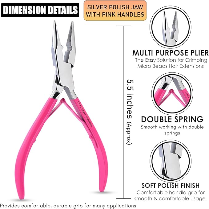 Cross Edge Multifunctional Hair Extension Pliers for Micro Ring Hair Extensions Opener and Remover - Pink Handles