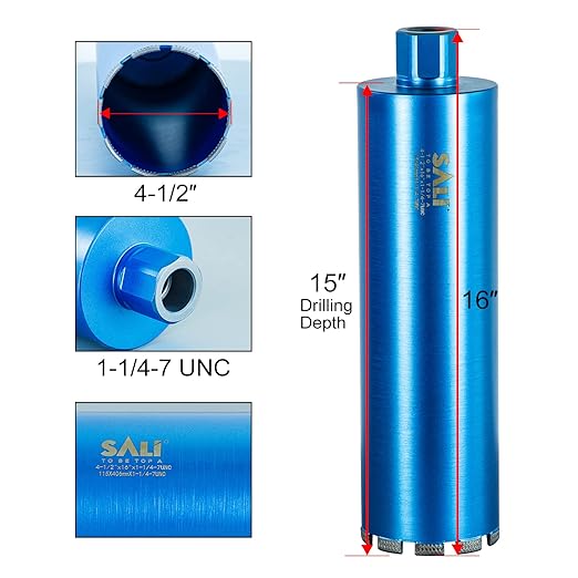 SALI Wet Diamond Core Drill Bits 4-1/2"/116mm Diameter, 15"/380mm Drilling Depth Concrete Core Drill Bit, 1-1/4-7" Thread Core Bit Turbo Laser-Welded Segments with Rebar, Brick, Block, Masonry, Stone