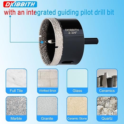 2-3/4" Diamond Hole-Saw Bits with Pilot Drill Bit 2-3/4 in Diamond Tipped Tile Hole Saws with Guiding Bit for Accurate Drilling, for Porcelain Tile Ceramic Pottery Granite Stone Glass Bottles 70mm