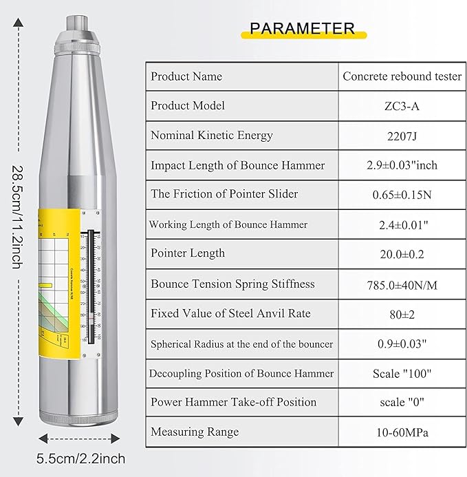 CGOLDENWALL Concrete Rebound Hammer Tester Resiliometer Test Meter Tool Within The Scope of 1450.38psi-8702.26psi (10-60Mpa) ZC3-A with English Label and Calibration Certificated (Old or New Panel)