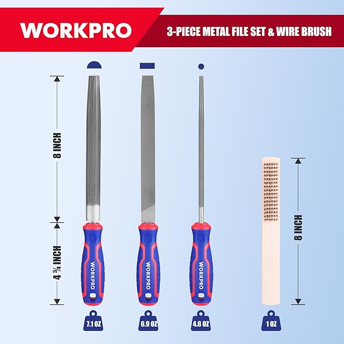 WORKPRO Metal File Set 3PCS 8 Inch High Carbon Steel Flat, Round & Half-Round Files for Metal, Wood & Plastic, Durable Hand Tools for Shaping, Smoothing & Finishing