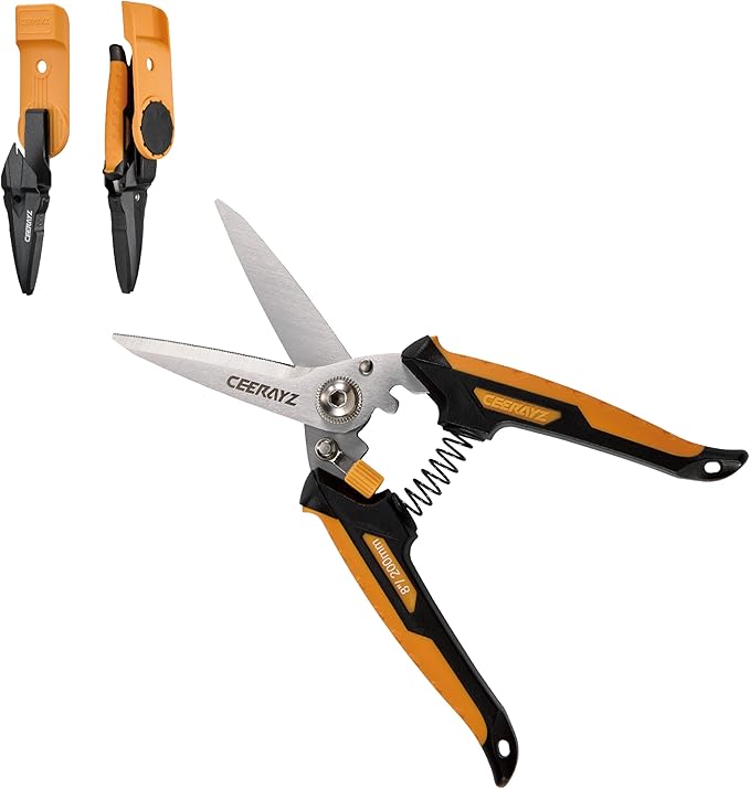 8" Scissors All Purpose, Heavy Duty, Multipurpose, for DIY Projects, Office, Production Lines, Pruning, with Protective Sheath and Magnetic Holder (Black/Orange)