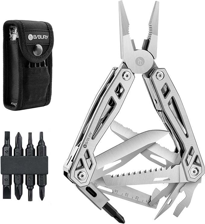 Christmas Gifts for Men Him Dad, BIBURY Multitool with Pocket Knife, 21-in-1 Stainless Steel Pliers with Screwdriver, Safety Locking Multi tools with EDC Knife for Survival, Camping, Fishing, Repair