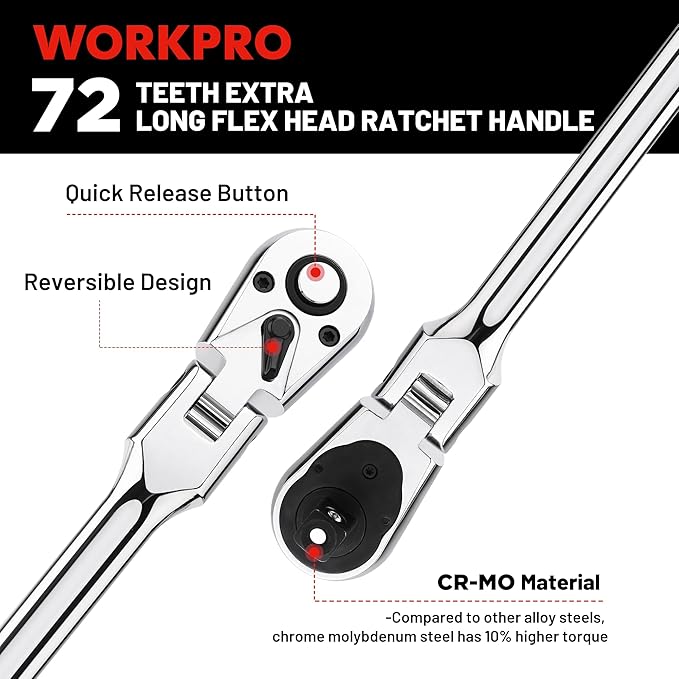 WORKPRO 1/4 inch Drive Extra Long Flex Head Ratchet, 12 Inch Long CR-V Steel Ratchet Handle with Chromium Plating, CR-MO Head, Quick Release Reversible Design, 72-Tooth