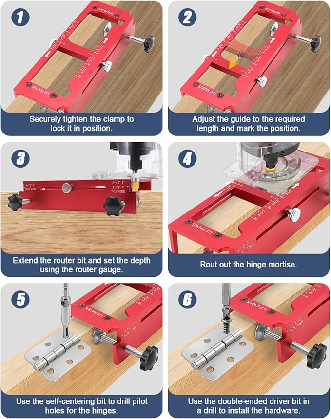 Door Hinge Jig and Door Lock Installation Kit, Aluminum Alloy Router Template for Hinge Mortising from 2.5" to 5" and Types of Square, 1/4", 5/8" Radius, Door Hole Drilling Kit for Knob and Deadbolt