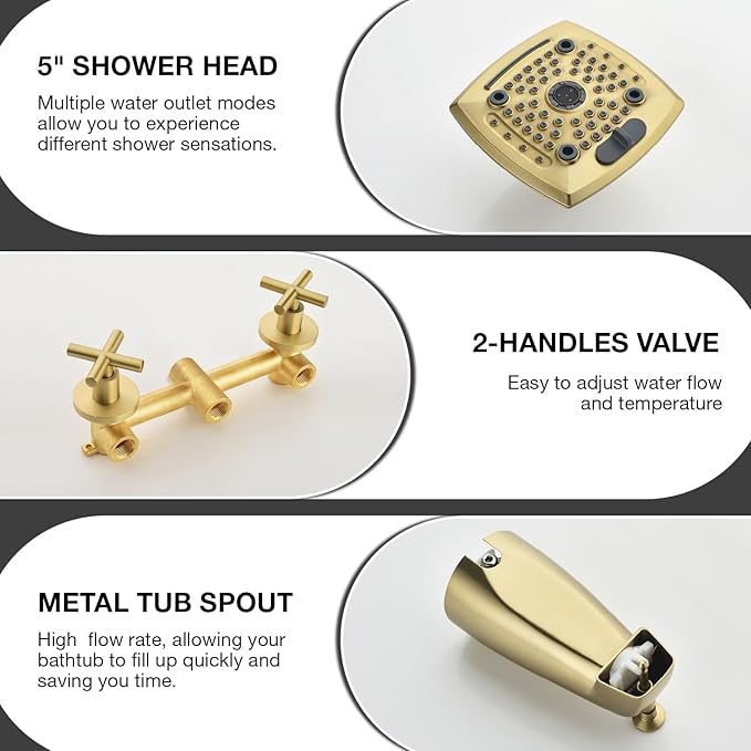 2 Handle Shower Faucet Set with Tub Spout 6-Spray Shower Head and Handle Set Shower Trim Kit with Rough-in Valve Bathroom Shower Faucet Valve Trim Kit Brushed Gold