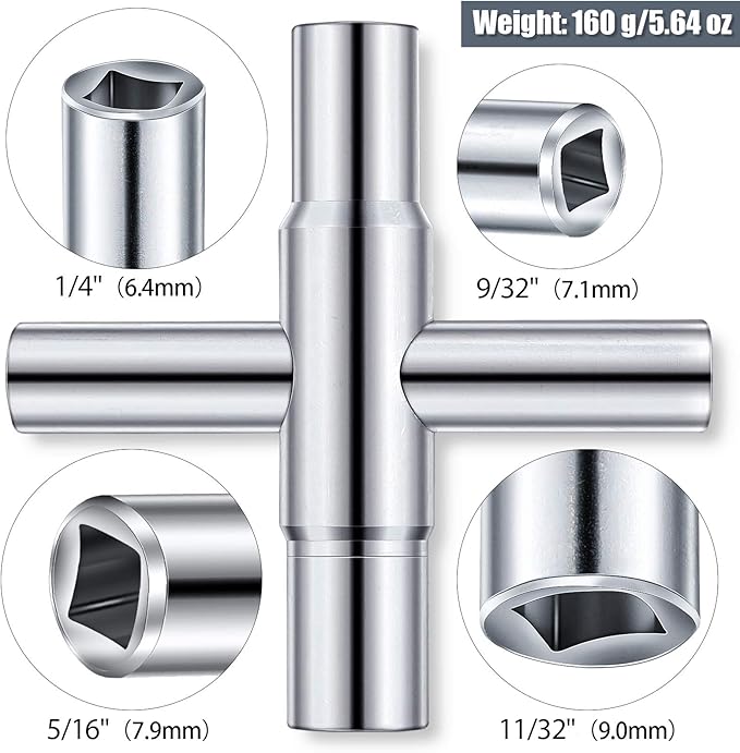 Honoson 2 Pieces 4 Way Sillcock Water Key 1/4", 9/32", 5/16", 11/32" Hose Bib Key Steel Sillcock Wrench Water Utility for Faucet Hose Bib Spigot Valve(Silver)