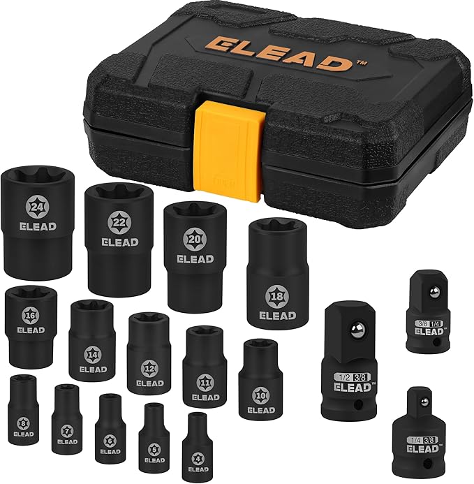 17-Piece Inverted E-Torx Socket Set - Premium Impact Cr-V Steel E4 - E24 Star Female Sockets for Impact Wrench 1/2 3/8 1/4 Drive Precision Torque Kit with Storage Case