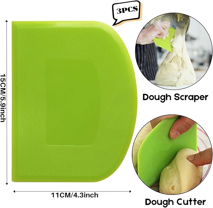 SURDOCA Dough Scraper Bench Scraper - 3P 5.9x4.3" Plastic Flexible Bowl Scraper, Sharp Edge & Angles Cake Scraper. Non-Slip Bakeware Decorating Tools Sculpting & Modeling Tools - Green+Blue+Green
