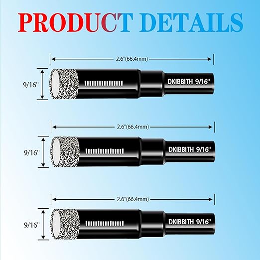 3pc 9/16??Diamond Core Drill Bits Set, 14mm Tile Drill Bits for Ceramic, Porcelain, Marble, Granite, Stone, Glass w/Integrated Coolant for Dry Drilling, Round Shank & Storage Case, Precision Cutting