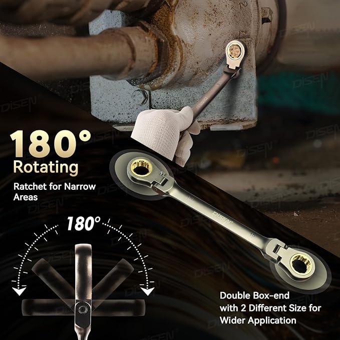DISEN 6PCS 90 Teeth Ratcheting Wrench Set Double Box End Flex Head with Gray Nickel Coated Ratchet Wrench Set with Organizer, 12 Point 4째 Swing Arc, CR-V Steel, for Home Daily Use, Gift for Man