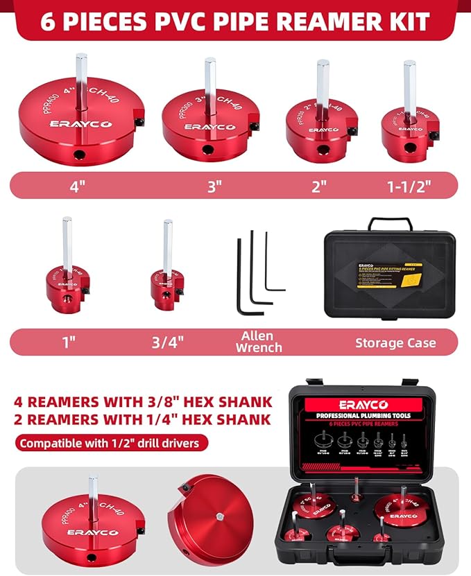 ERAYCO 6-Piece PVC Pipe Reamer Kit-Professional Aluminum Socket Saver Kit (3/4", 1", 1-1/2", 2", 3"4?? with Rotatable Carbide Inserts-Hex Shaft Fitting Saver for Schedule 40, CPVC & ABS Plumbing