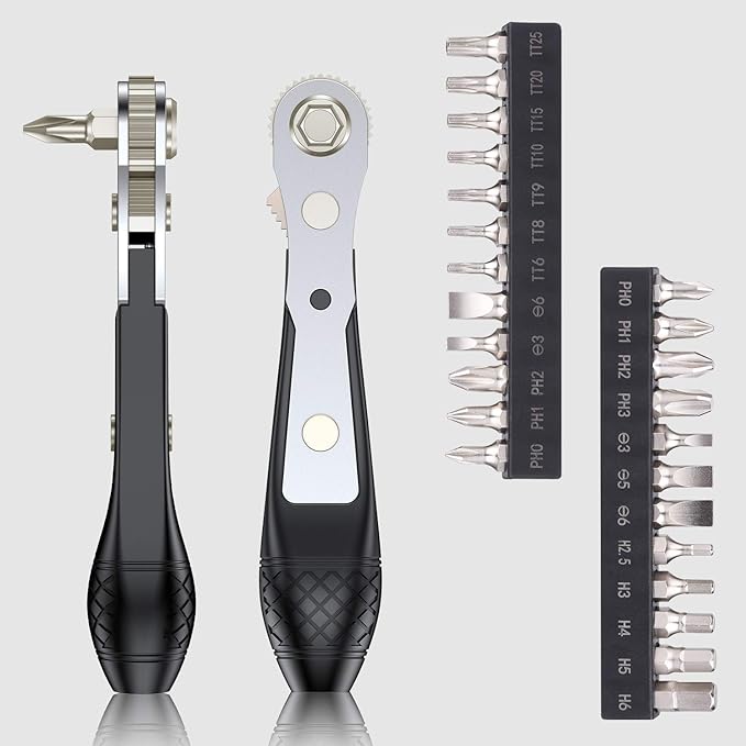 25in1 S2 Steel Mini Ratchet Wrench Screwdriver Bit Set with 1/4" Hex Shank Phillips/Slotted/Hexagon/Torx Bits, 36-Tooth Gear, Magnetic Bit Holder, 90 Degree Offset Reversible Drive Handle