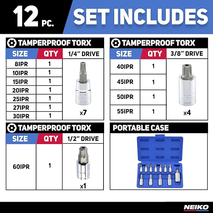 Neiko 10085A Tamperproof Torx Plus Bit Socket Set | 12 Piece | 8 IPR - 60 IPR | 5 Point Star | Cr-V and S2 Steel | High Impact ABS Blow Molded Case