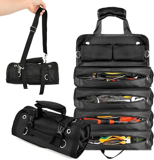 Roll Up Tool Bag, Heavy Duty Tool Organizer with 5 Compartments & 2 Detachable Pouches, Portable Foldable Waterproof Tools Bag for Dad Men Electrician Mechanic Gifts (COLOR:Black)