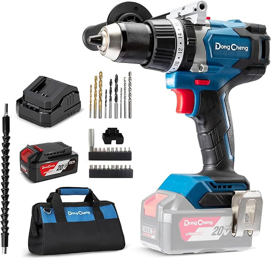 Dong Cheng 20V Brushless Hammer Drill, 1062 in-lbs, 1/2" Keyless Metal Chuck, 24+1+1 Clutch, Cordless Hammer Drill with 4.0Ah Battery Kit for Drilling Brick Wall, Metal, Wood