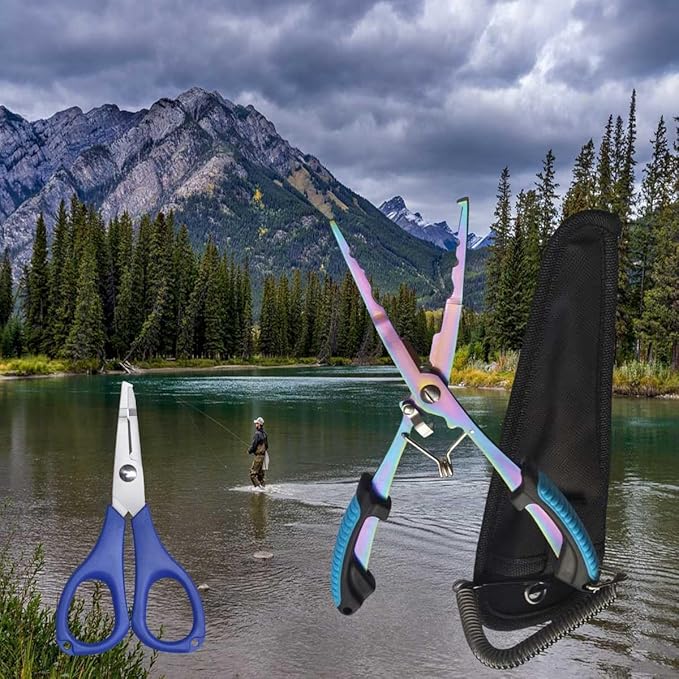 Fishing Needle Nose Pliers, Stainless Steel Fishing Pliers and Scissors Kit with Sheath Lanyard, Hook Remover Split Ring Line Cut Lead Crimp, Aboda Fishing Gear Fresh & Saltwater Fishing Tool Kit