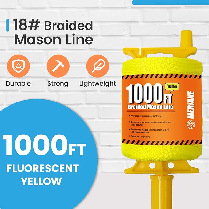 MERIANE 1000FT Mason Line w/Reloadable Line Reel, 18# Braided Twine String for Masonry Job, Level Lines in Construction, Gardening, Fluorescent Yellow
