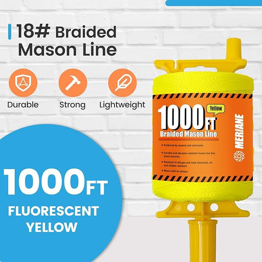 MERIANE 1000FT Mason Line w/Reloadable Line Reel, 18# Braided Twine String for Masonry Job, Level Lines in Construction, Gardening, Fluorescent Yellow