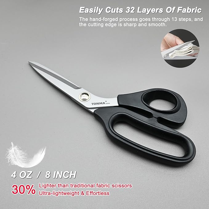 TONMA Fabric Scissors [Made in Japan] 8.2-Inch Lightweight Sewing Scissors All Purpose Japanese SG2 Stainless Steel for Office Work Home Arts School Students Crafting Cutting, Right Handed