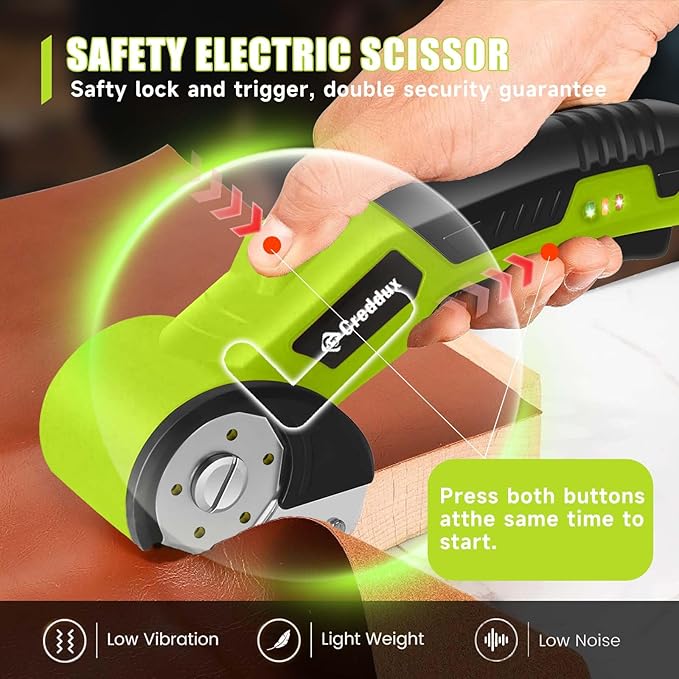 Cordless Electric Scissors竊똂ardboard Cutter Heavy Duty Scissor with 3 Blade, Safety Lock & Extra Blade竊똓otary Cutter for Cardboard Fabric Plastic Leather Green
