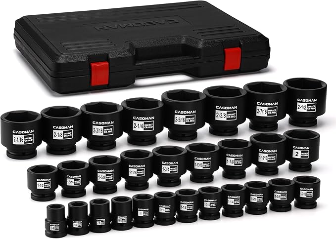 CASOMAN 29-Piece 3/4" Drive Shallow Spindle Axle Nut Impact Socket Set, 6-Point, Standard Large Socket Set, SAE (3/4" to 2-1/2"), CR-MO Steel, with Storage Case