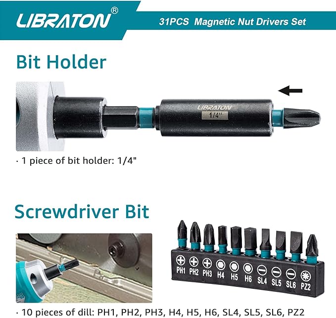 Libraton 31PCS Magnetic Nut Driver Set, Impact Drill Driver Bit Set 1/4", Metric and SAE Nut Driver, Screwdriver Bits, Impact Socket Adapters, Bit Holder, Quick-release Extensions with Storage Bag