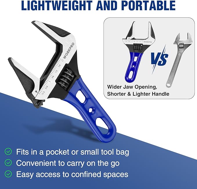 WORKPRO 6-Inch Stubby Adjustable Wrench, 1.5-Inch Extra Wide Jaw Opening Wrench, Metric/SAE Scales, Cr-V Steel, Ideal for Work in Confined Spaces