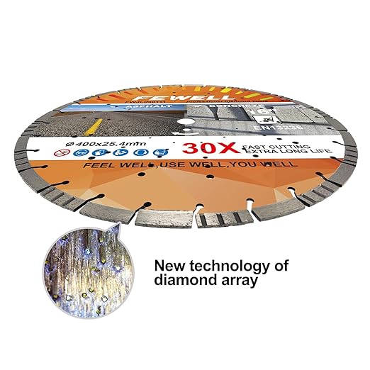FEWELL 16" Premium Diamond Saw Blade, Multi-Purpose Diamond Blade, Cutting Hard Reinforced Concrete Asphalt Masonry Stone Terrazzo, Laser-Welded Segmented, 1"-20mm Arbor