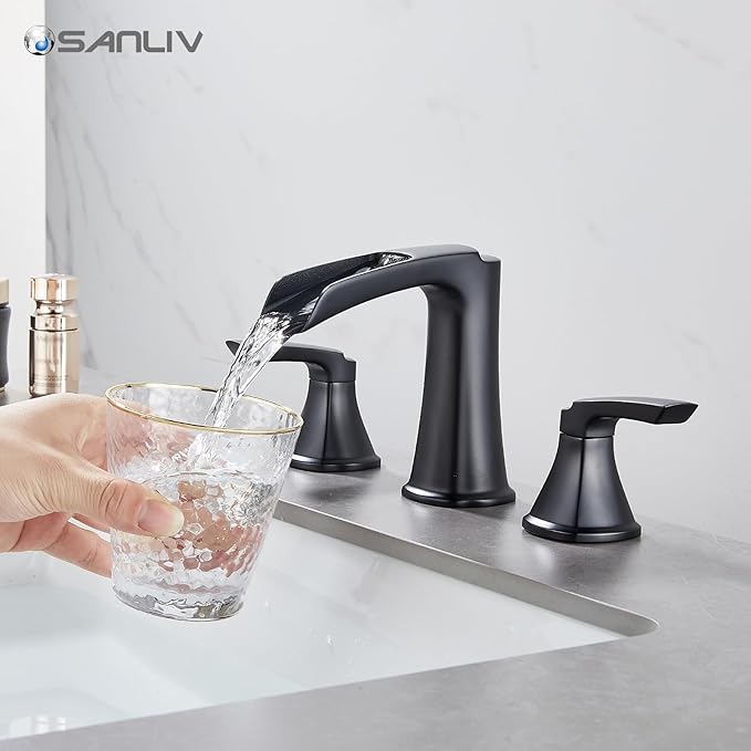 Matte Black Waterfall Bathroom Faucet, Sanliv 3-Piece Widespread Bathroom Sink Faucets, 2-Handle Vanity Faucet for 3-Hole Sinks 4-8 Inch with Pop-Up Drain, ?랱atte Black