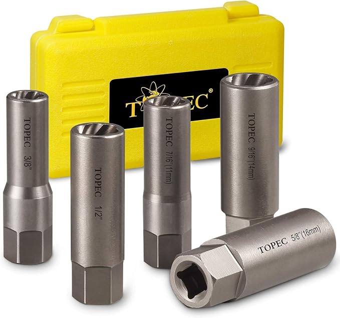 Topec 5-Piece Spiral Type Deep Extractor Set, Spark Plug Easy-out Set, for Removing Deeply trapped and Broken Bolts, Studs, Fittings, Threaded Pipes and Pins