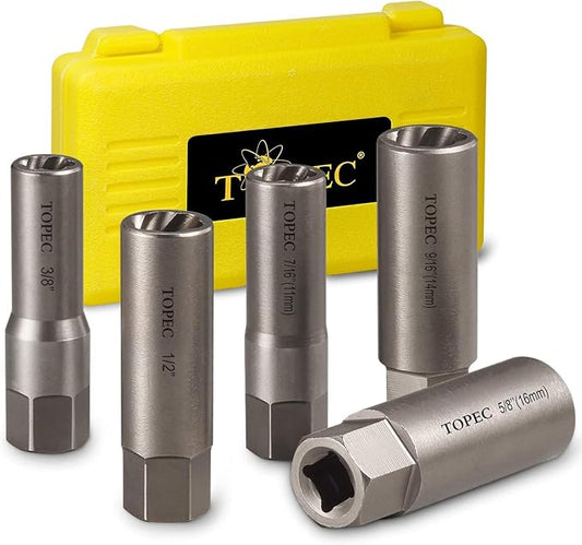 Topec 5-Piece Spiral Type Deep Extractor Set, Spark Plug Easy-out Set, for Removing Deeply trapped and Broken Bolts, Studs, Fittings, Threaded Pipes and Pins