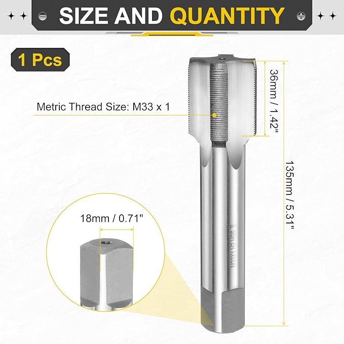 uxcell Hand Plug Tap M33 x 1 H2 Metric Thread Plug Style Taps Straight Flute Screw Tapping Threading Tool High Speed Steel HSS6542