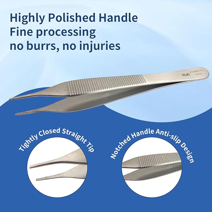 RWD ADSON Dressing Forceps 4.7", 1.5mm Width Serrated Straight Tip, Martensitic Stainless Steel Micro Forceps Tweezer, Surgical Tweezer for High-Precision Handling (F12003-12)(Optimized of F12032-11)