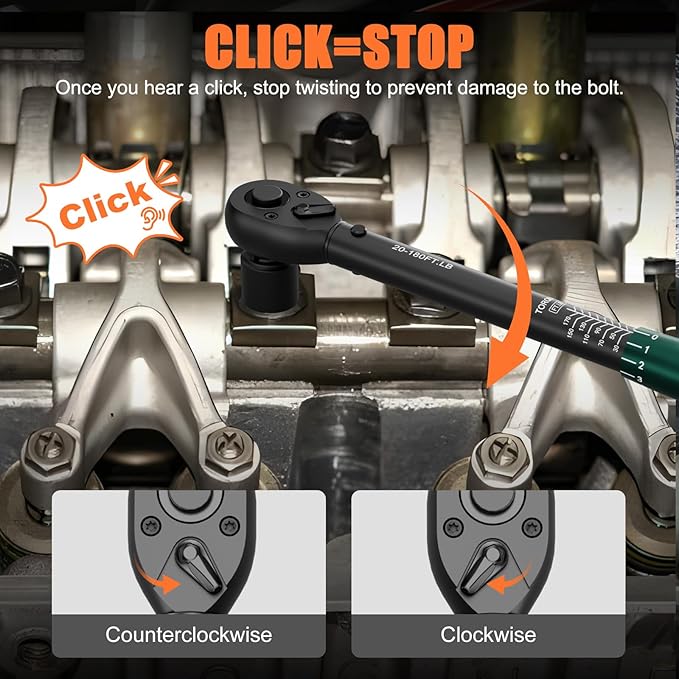 1/2-Inch Drive Torque Wrench, 20-180 Ft.Lb, 짹3% Accuracy, 72-Tooth Dual-Direction Adjustable Click Torque Wrench with Quick Release Ratchet for Bicycle, Motorcycle, Car Maintenance