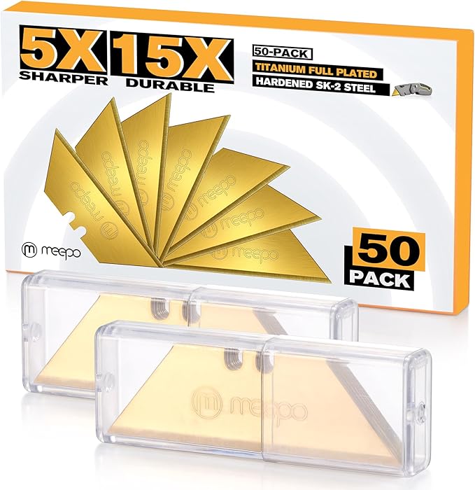 50-Pack Utility Knife Blades, Titanium Fully Plated, Durable SK-2 Razor Blades for Utility Knife Box Cutter, Never Rust, Extra Durable
