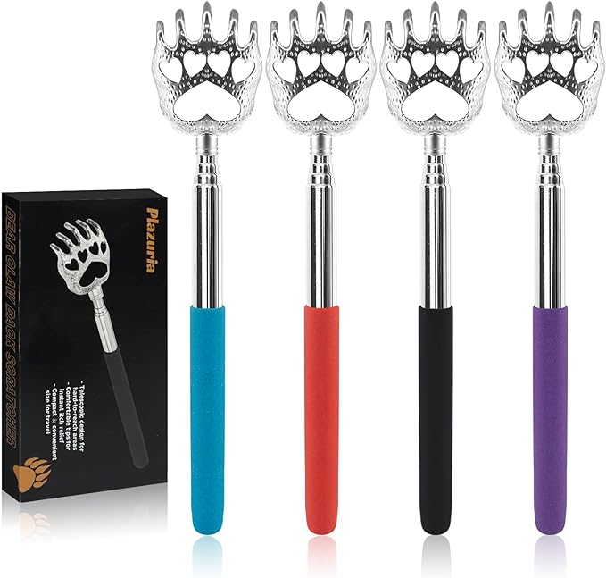 (4-Pack) Extendable Back Scratchers - Metal Claws with Telescopic Rubber Handles - Stocking Stuffers for Men, Women, Kids - Christmas Gift